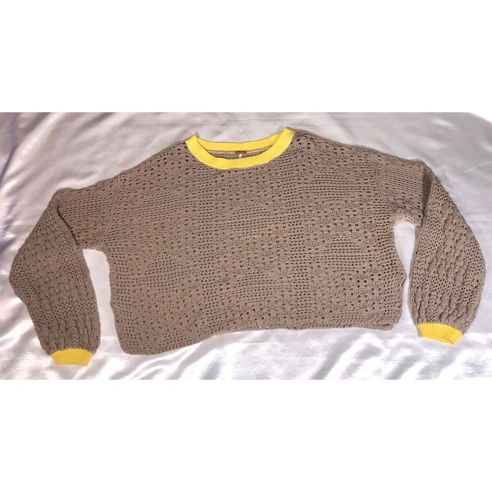 Free People Open Knit Crochet Top Tan Yellow Boho Loose Womens Sz S